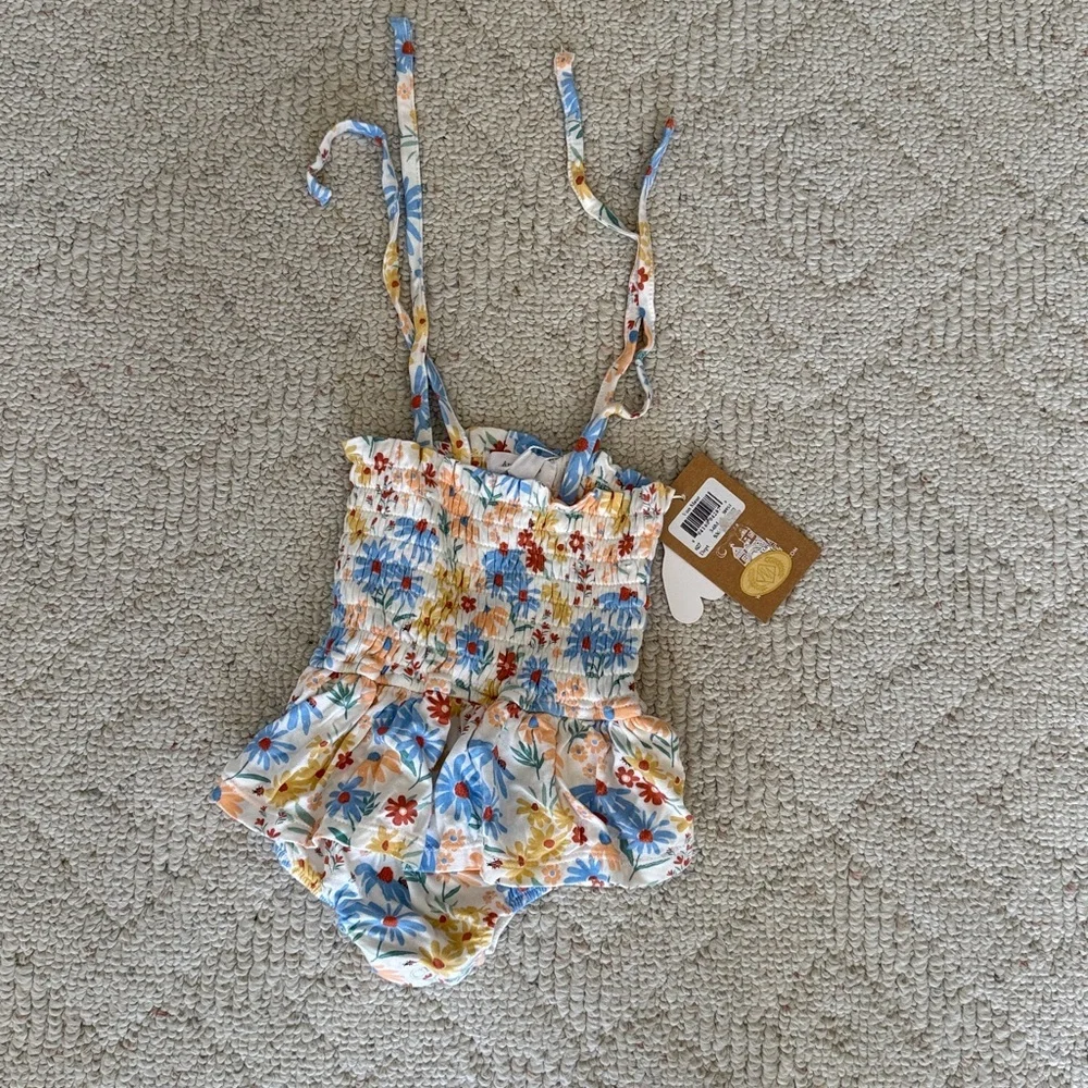 Angel Dear Smocked Coneflower Bubble Bodysuit Skirt Strappy Onesie Bamboo